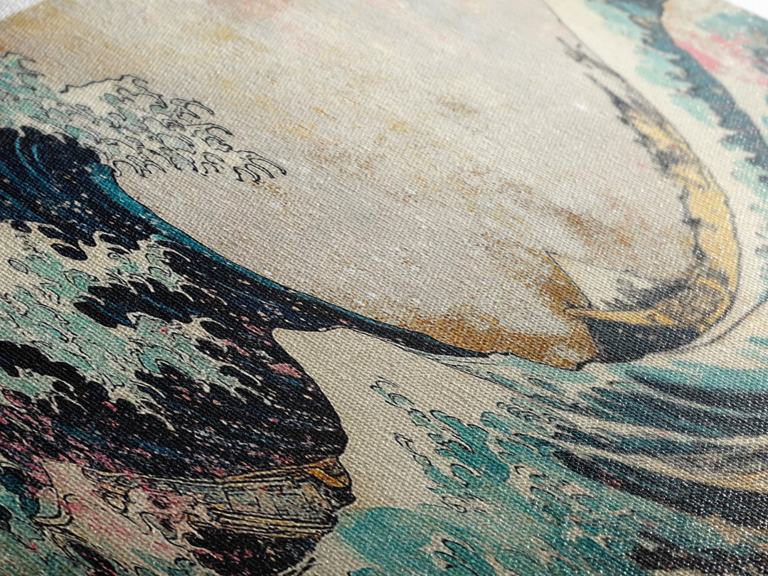 Japanese Great Wave With Soft Pastel Mountains Wall Art, Ukiyo E Framed Canvas Print, Coastal Japandi Decor, Ocean Art Print