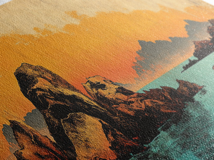 Orange Sunset Mountain Lake With Rocks Wall Art, Southwestern Canvas Print, Rustic Landscape Decor, Large Horizontal Art