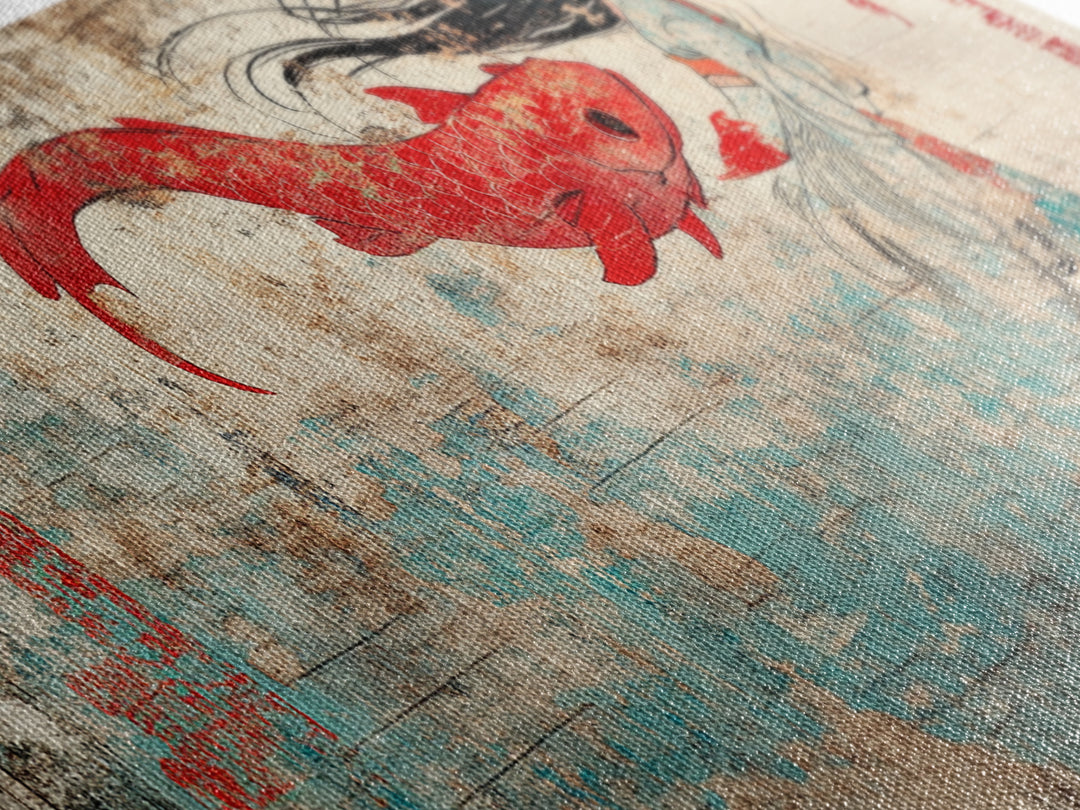 Red Koi Mermaid Wall Art, Asian Fantasy Canvas Print, Japanese Wall Decor, Whimsical Art, Bedroom Decor, Gift For Her, Home Decor