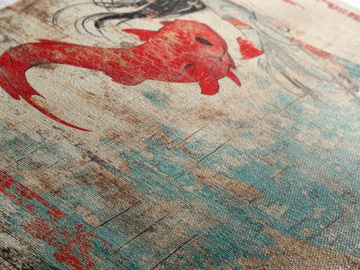 Red Koi Mermaid Wall Art, Asian Fantasy Canvas Print, Japanese Wall Decor, Whimsical Art, Bedroom Decor, Gift For Her, Home Decor
