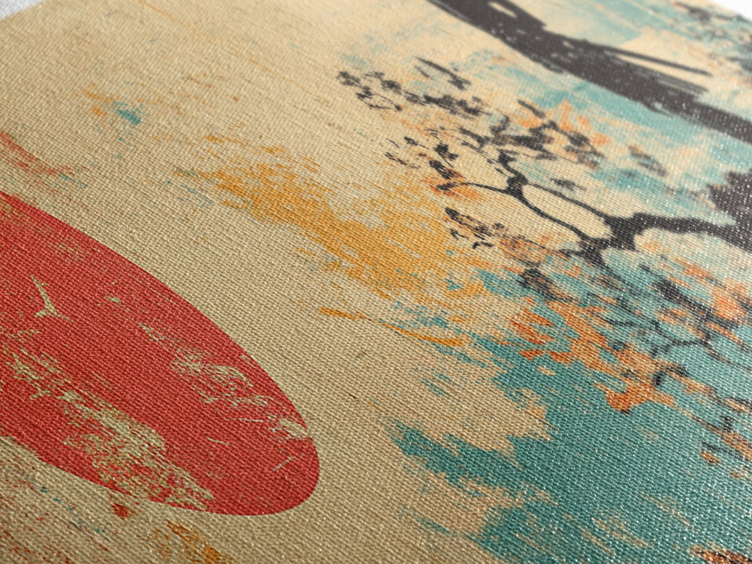 Samurai At Red Sun Wall Art, Japanese Warrior Silhouette Canvas, Asian Inspired Decor, Long Horizontal Zen Landscape Print