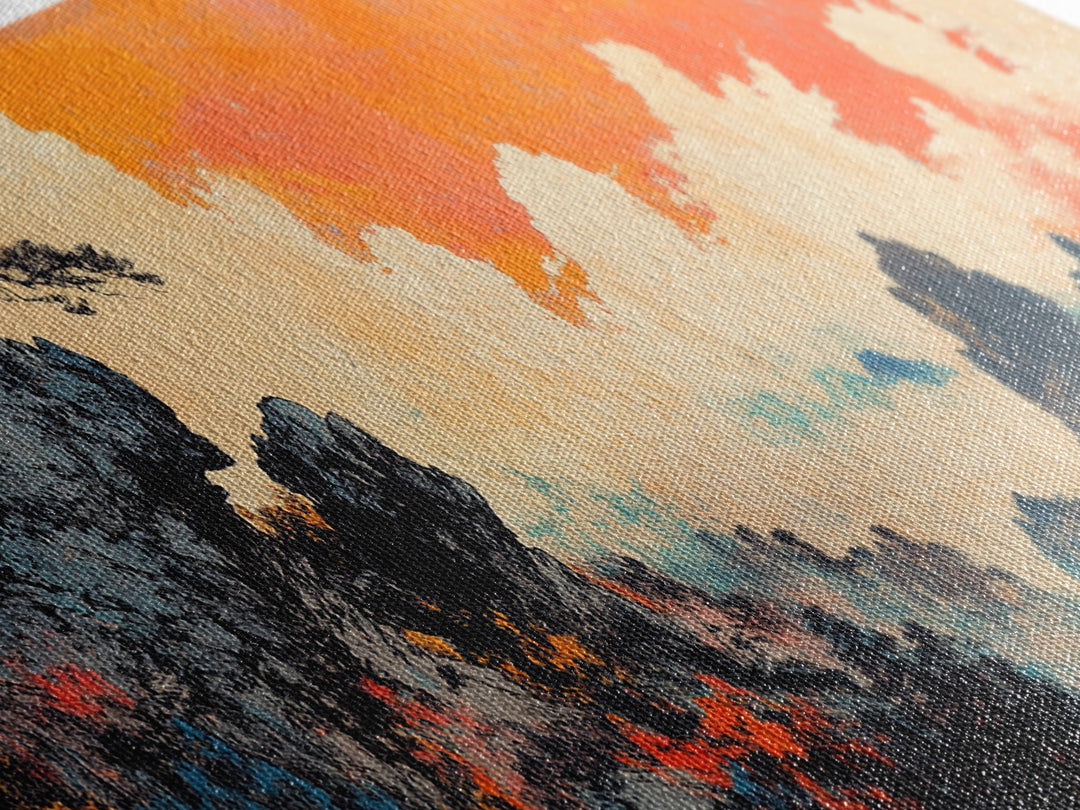 Misty Asian Mountains Wall Art, Orange Sky Landscape Canvas Print, Japanese Zen Home Decor, Dramatic Nature Poster For Living Room