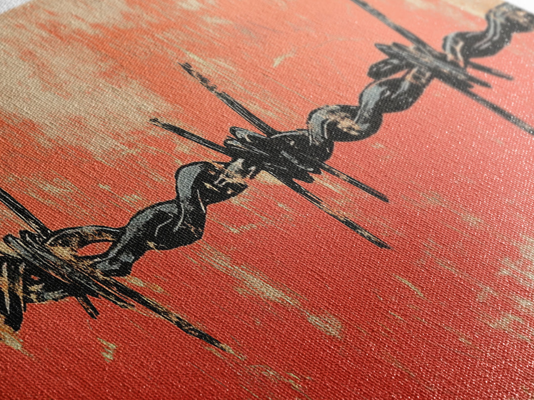 Barbed Wire Fence Wall Art, Western Rustic Print, Industrial Farmhouse Decor, Orange Grunge Canvas For Man Cave Or Office