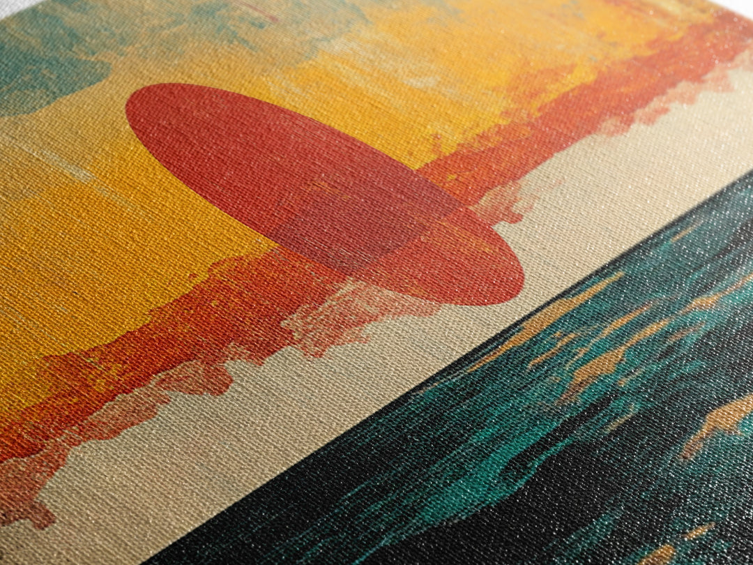 Minimalist Red Sun Ocean Wall Art, Abstract Coastal Landscape Print, Mid Century Modern Decor, Long Horizontal Canvas For Bedroom