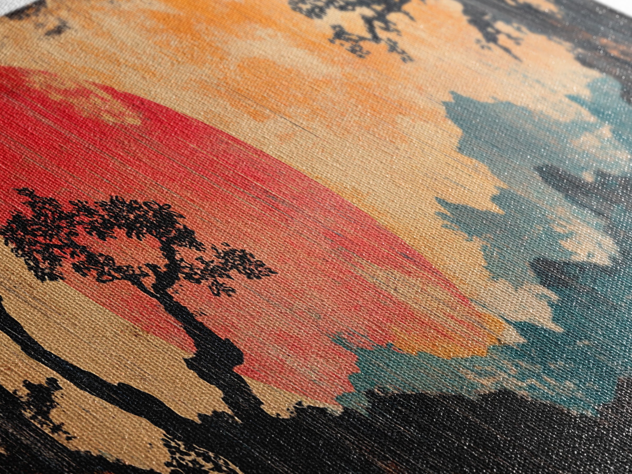 Crimson Sun Behind Misty Mountains Wall Art, Japanese Landscape Canvas Print, Pine Forest Decor, Panoramic Living Room Art