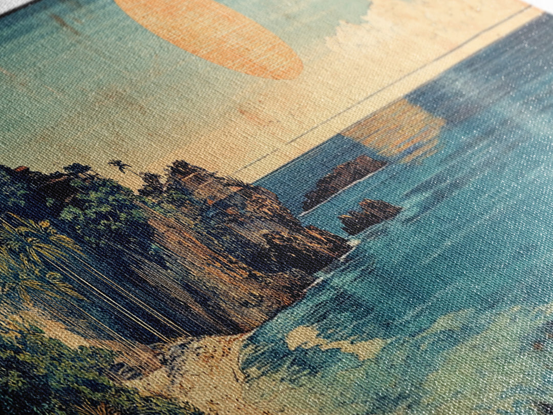 Tropical Ocean Cove Sunset Wall Art, Panoramic Coastal Canvas Print, Beach House Decor, Nautical Living Room Wall Art Print