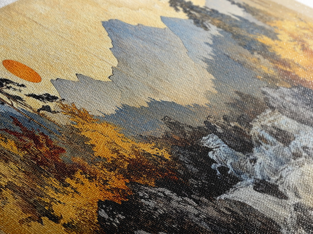 Autumn Mountain River Sunrise Wall Art, Panoramic Landscape Canvas Print, Rustic Cabin Decor, Large Nature Living Room Art