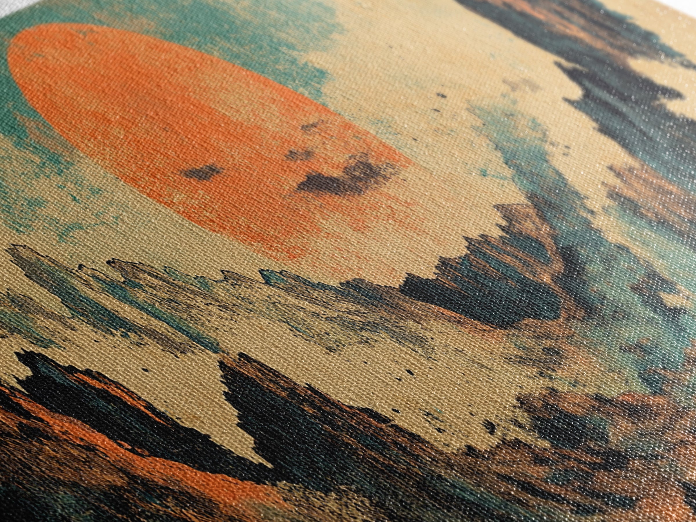 Abstract Mountain Valley With Orange Sun Wall Art, Modern Landscape Canvas Print, Japandi Earth Tone Living Room Home Decor