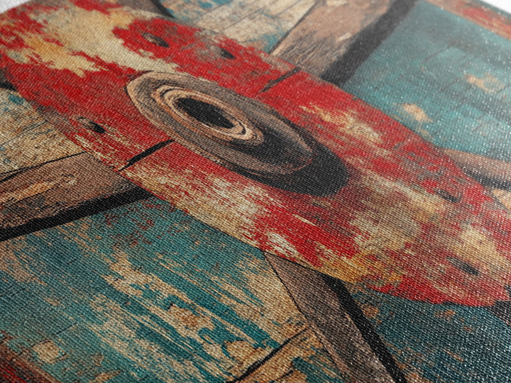 Weathered Wagon Wheel On Turquoise Wood Wall Art, Rustic Western Framed Canvas Print, Farmhouse Decor For Man Cave Home Bar Decor