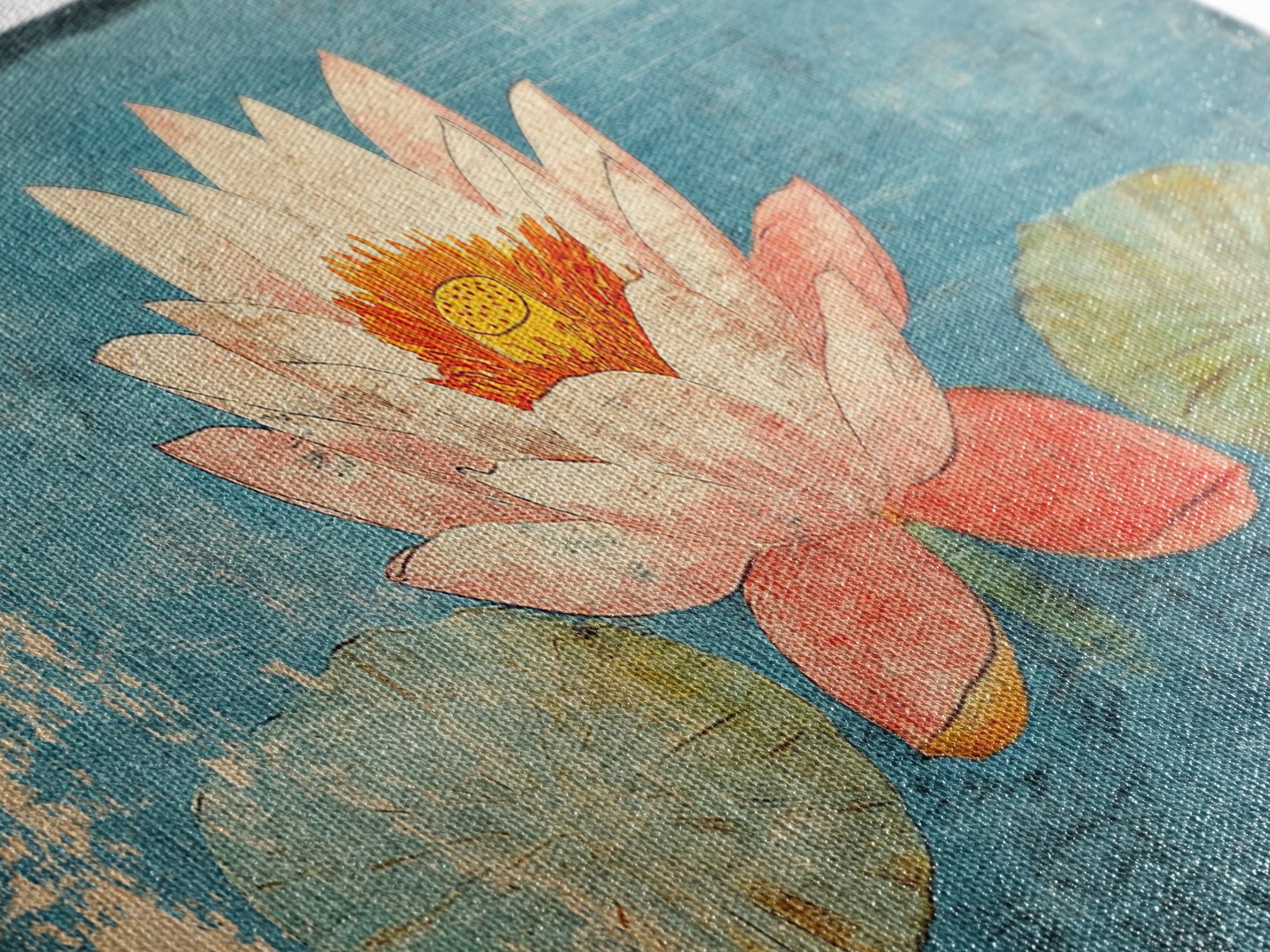 Pink Lotus Flower On Blue Pond Wall Art, Japanese Water Lily Canvas Print, Zen Bathroom Decor, Botanical Coastal Home Decor
