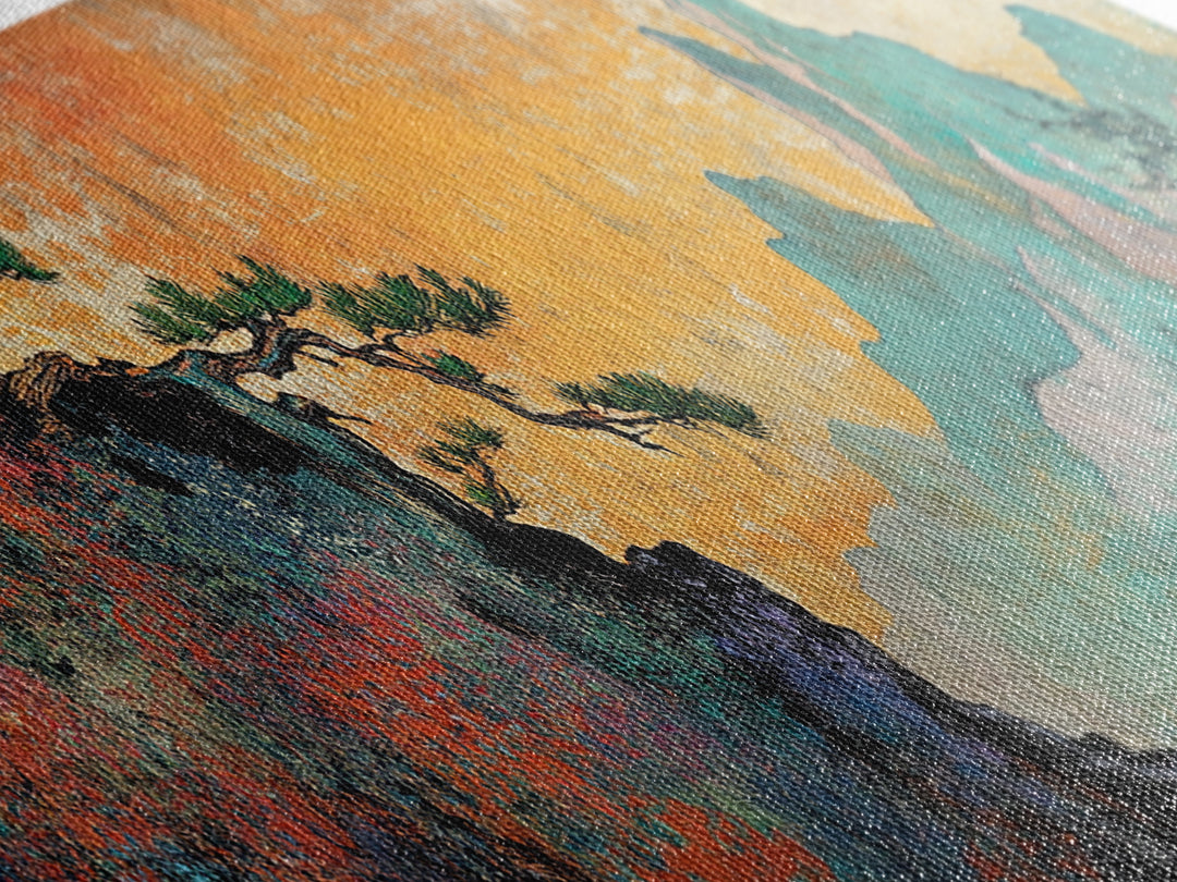 Soaring Bird Rocky Cliff Canvas Print, Teal Mountain Landscape Wall Art, Japanese Nature Art, Large Panoramic Home Decor