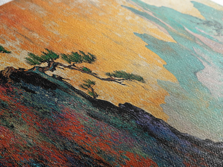 Soaring Bird Rocky Cliff Canvas Print, Teal Mountain Landscape Wall Art, Japanese Nature Art, Large Panoramic Home Decor