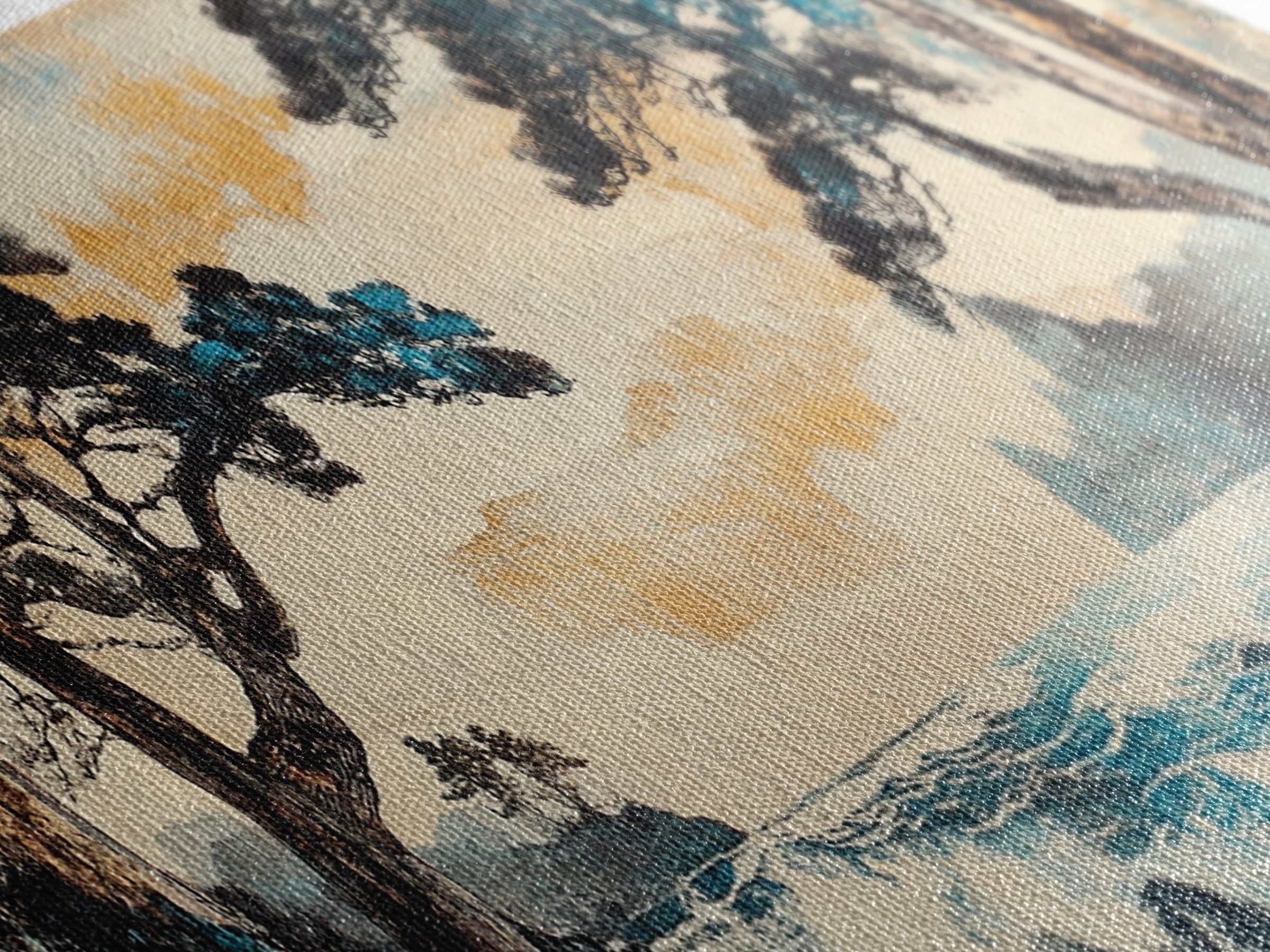 Misty Coastal Cove Canvas Print, Pine Tree Seascape Wall Art, Japanese Inspired Landscape, Large Panoramic Living Room Home Decor