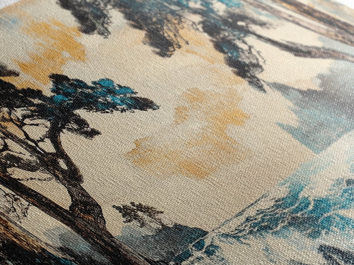 Misty Coastal Cove Canvas Print, Pine Tree Seascape Wall Art, Japanese Inspired Landscape, Large Panoramic Living Room Home Decor