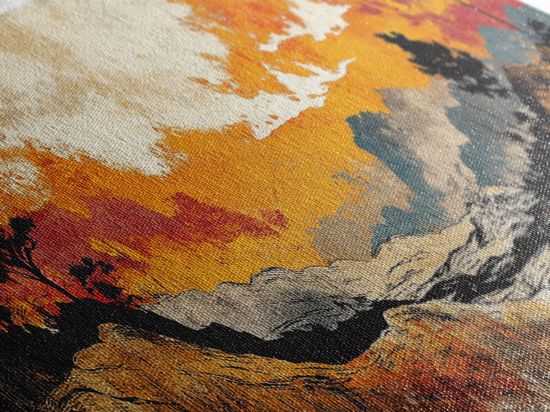 Autumn Valley Sunset Canvas Print, Orange Mountain Landscape Wall Art, Rustic Nature Art, Large Panoramic Home Decor Print