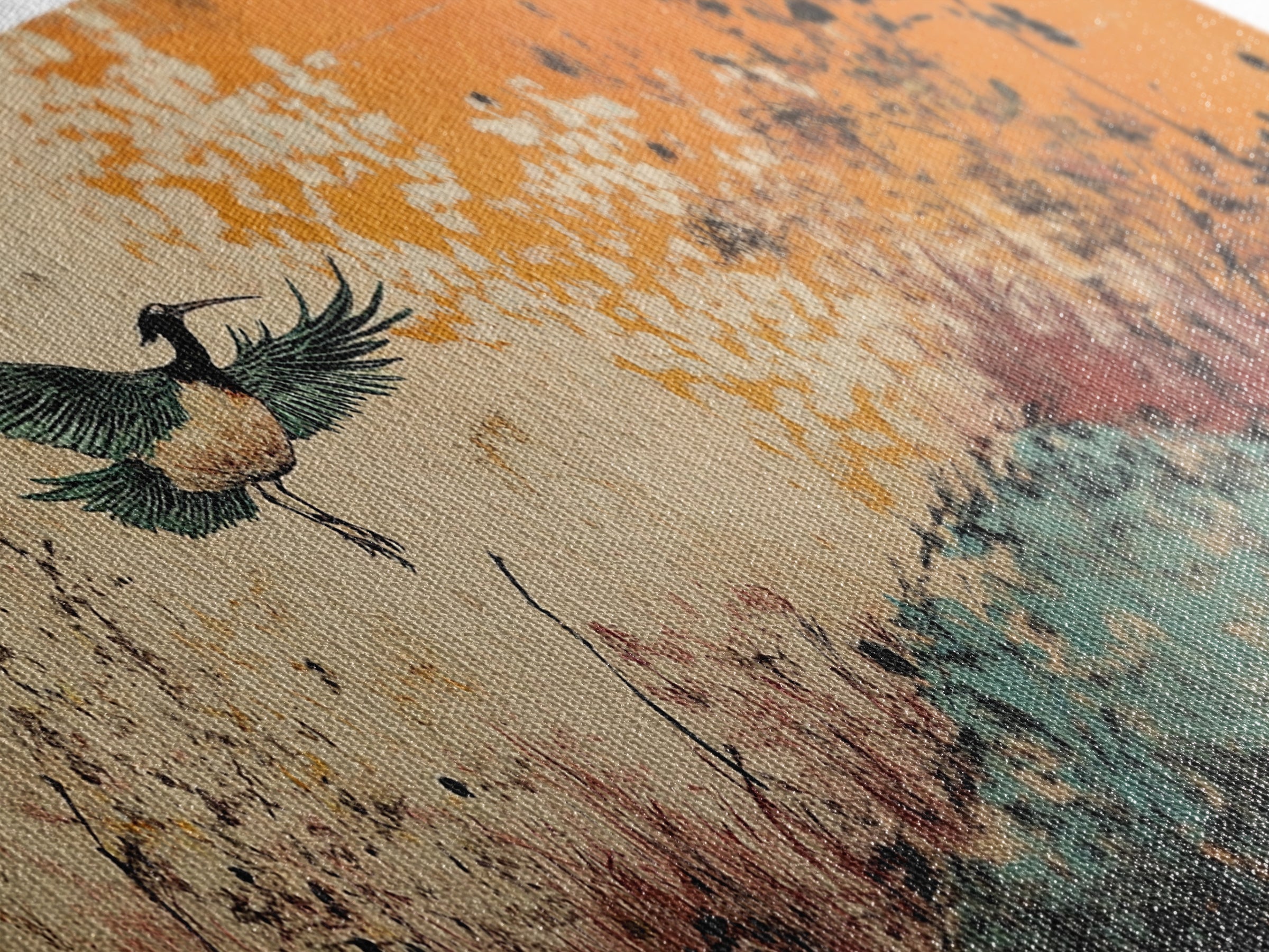 Flying Crane Over Floral Meadow Canvas Print, Japanese Bird Wall Art, Orange Sky Nature Art, Large Living Room Home Decor