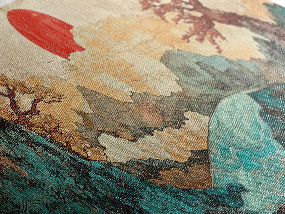 Red Sun Mountain River Landscape Wall Art, Japanese Wall Art, Panoramic Canvas, Japandi Decor, Living Room Wall Decor, Home Decor