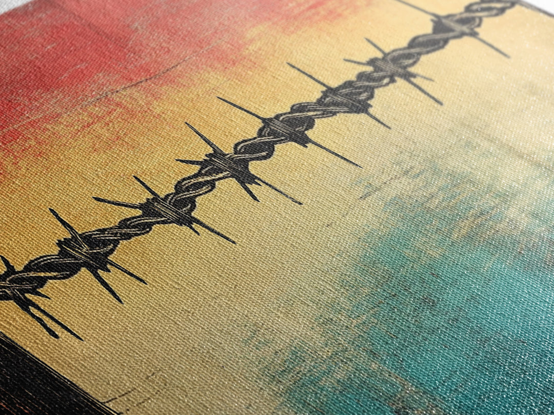 Barbed Wire Sunset Over Water Wall Art, Rustic Industrial Decor, Western Wall Art, Moody Canvas Print, Office Wall Decor