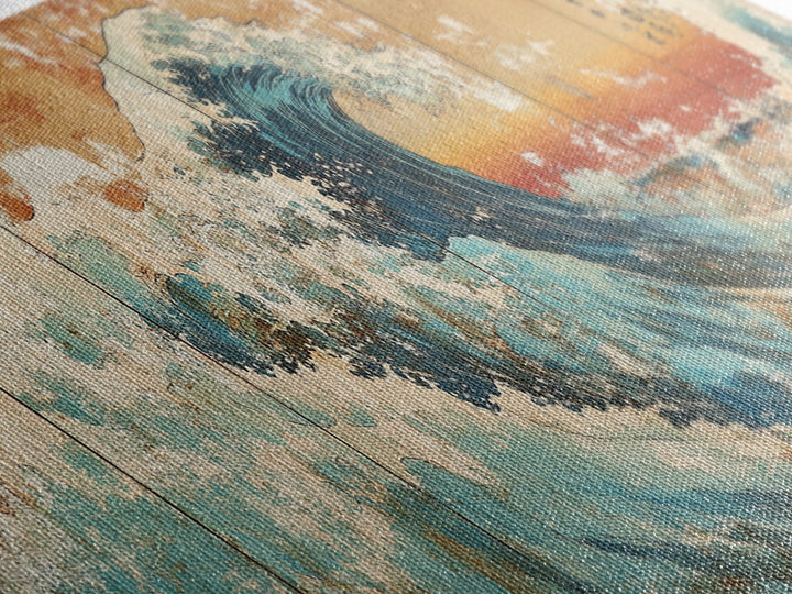 Great Japanese Wave With Golden Sky Canvas Print, Coastal Seascape Wall Art, Ocean Decor, Large Horizontal Living Room Art