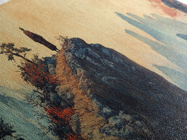 Solitary Monk On Cliff, Misty Asian Mountains Wall Art, Japanese Landscape Print, Zen Home Decor, Panoramic Canvas, Living Room Decor