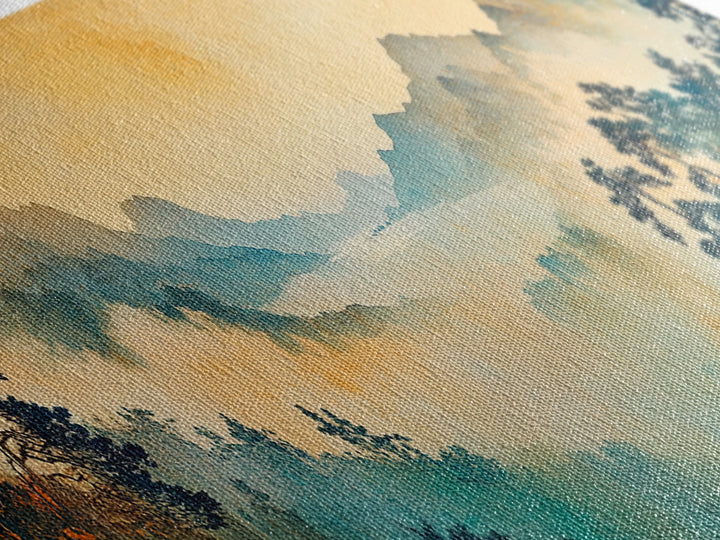 Misty Blue Mountain Valley Framed Canvas Print, Asian Landscape Wall Art, Zen Home Decor, Large Panoramic Nature Print, Office Decor