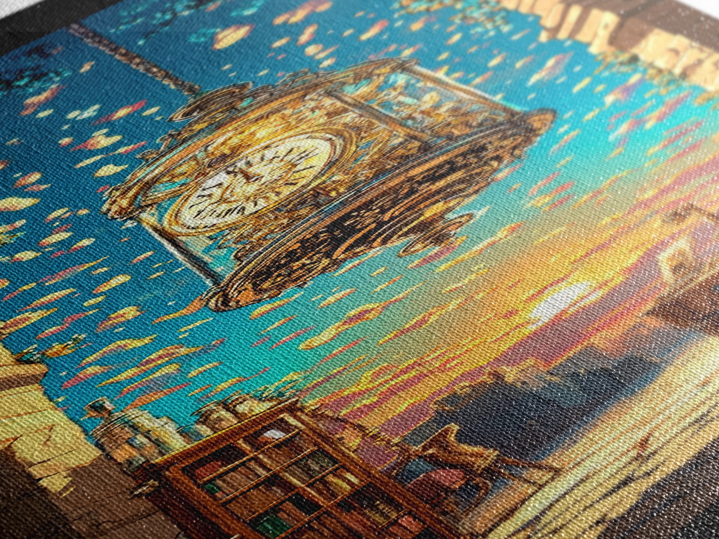 Floating Golden Clock Over Sunset Alley Wall Art, Whimsical Fantasy Canvas Print, Bookshop Travel Decor, Unique Gift For Her