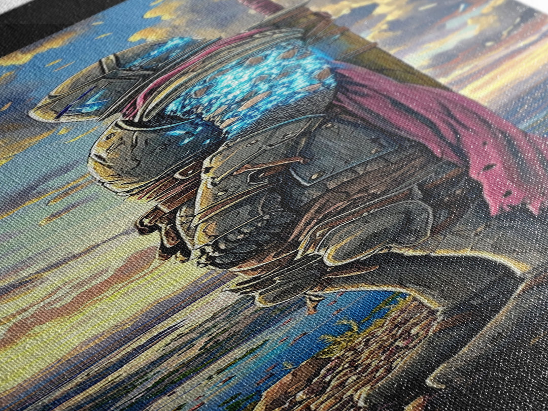 Glowing Blue Crystal Knight At Sunset Framed Canvas Print, Fantasy Wall Art, Medieval Warrior Decor, Gamer Room Gift For Him