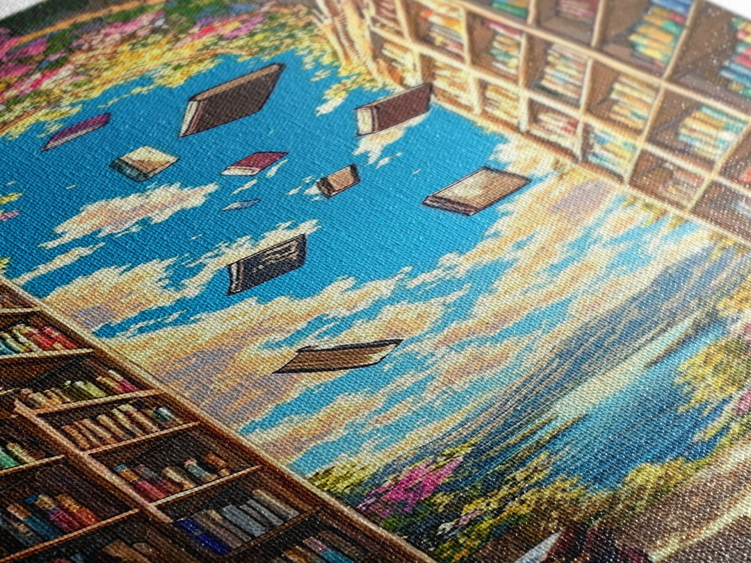 Blooming Library Arch With Floating Books Wall Art, Whimsical Book Lover Decor, Coastal Reading Nook Print, Colorful Art