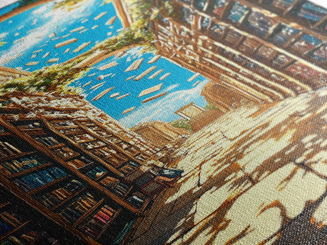 Sunlit Ivy Library Aisle With Floating Books Canvas Print, Bookish Wall Decor, Cozy Reading Nook, Fantasy Home Decor Gift