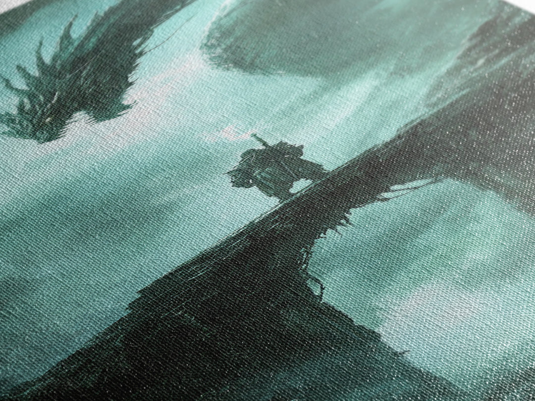 Lone Knight Facing Ancient Dragon Canvas Print, Dark Fantasy Wall Art, Teal Green Gothic Adventure Home Decor Gift For Him