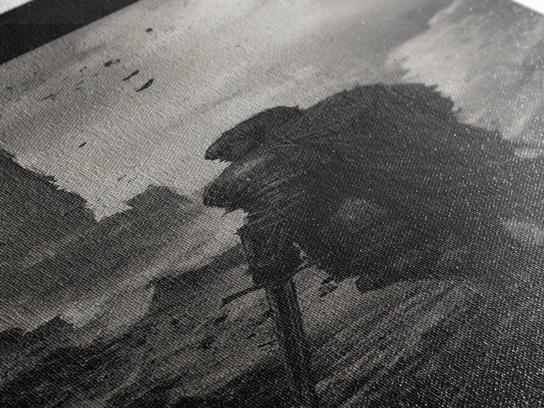 Black And White Lone Knight Near Ruined Tower Wall Art, Dark Fantasy Print, Medieval Landscape, Gothic Office Wall Decor
