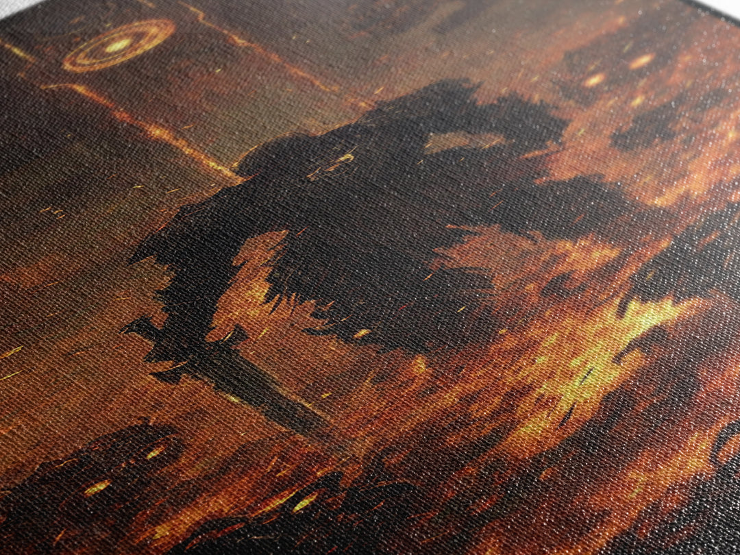 Ember Warrior In Fiery Ruins Framed Canvas Print, Dark Fantasy Wall Art, Gothic Dungeon Scene, Moody Game Room Wall Decor