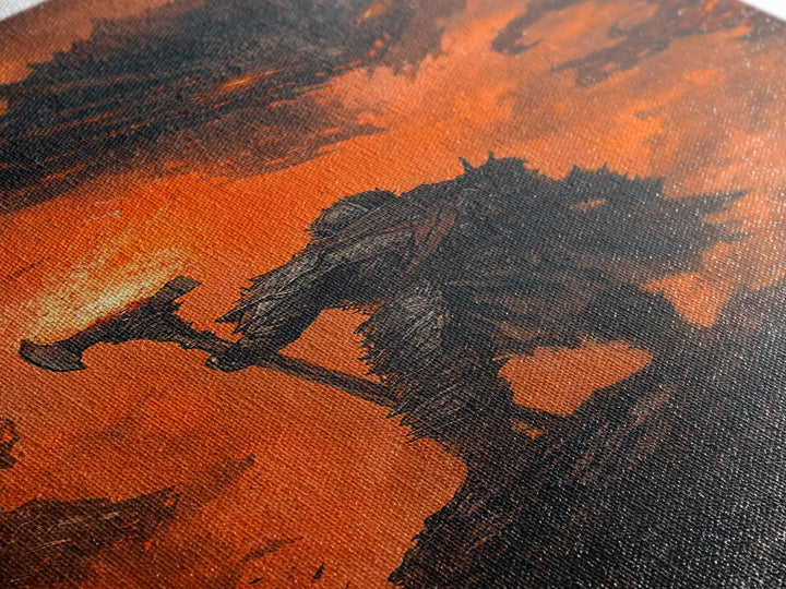 Torch Bearing Warrior Facing Dragon Canvas Print, Dark Fantasy Wall Art, Fire Dragon Art, Gothic Medieval Gaming Room Decor