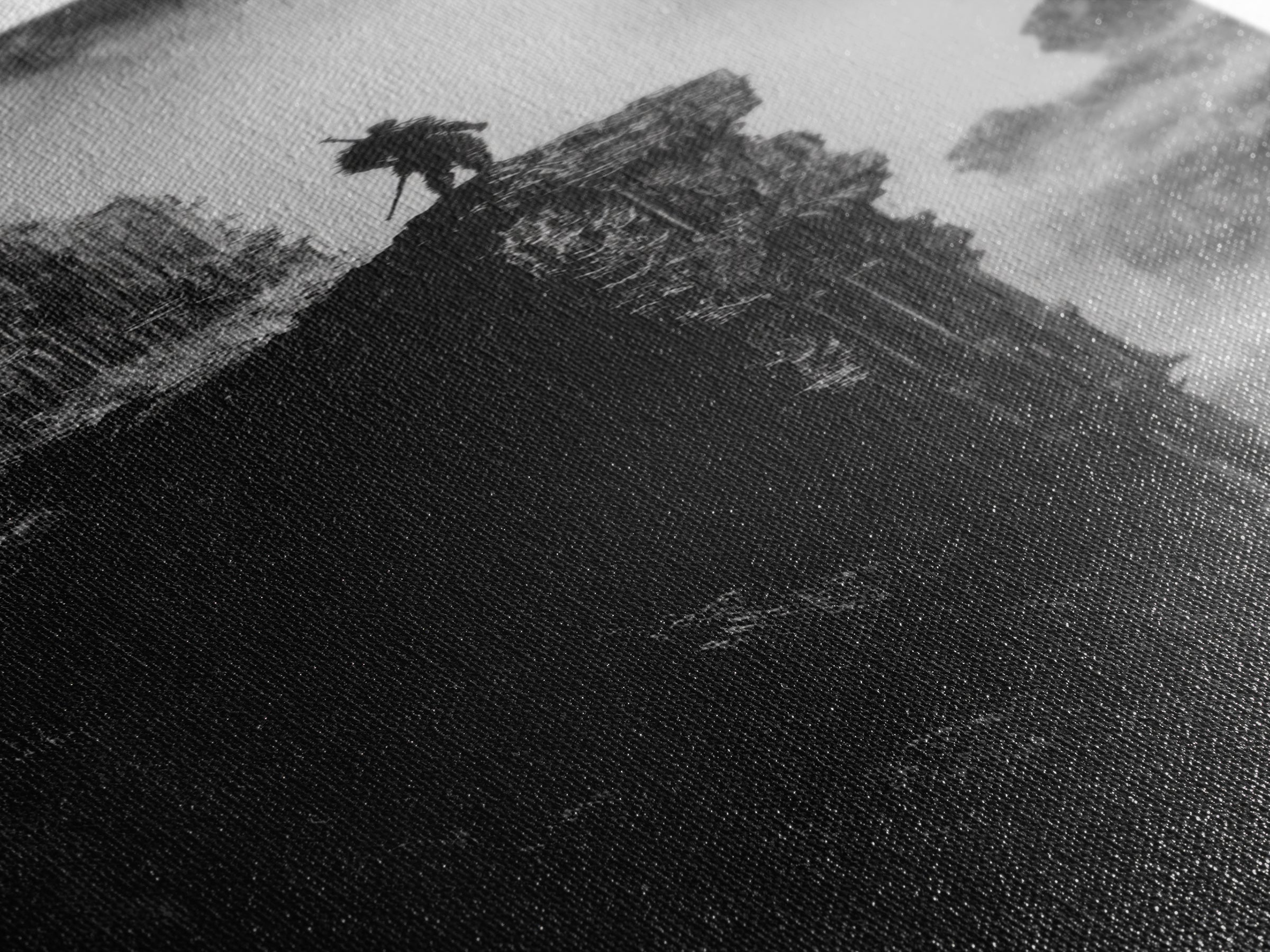 Lone Warrior On Gothic Cliff Wall Art, Dark Fantasy Castle Print, Black And White Canvas, Moody Medieval Decor, Fantasy Gift For Him