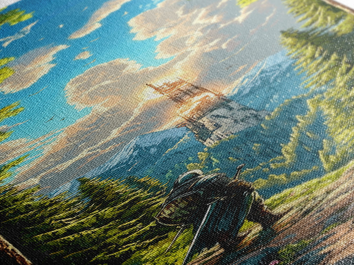 Knight In Sunlit Forest Tower Wall Art, Fantasy Landscape Canvas, Medieval Adventure Decor, Epic Mountain Living Room Print