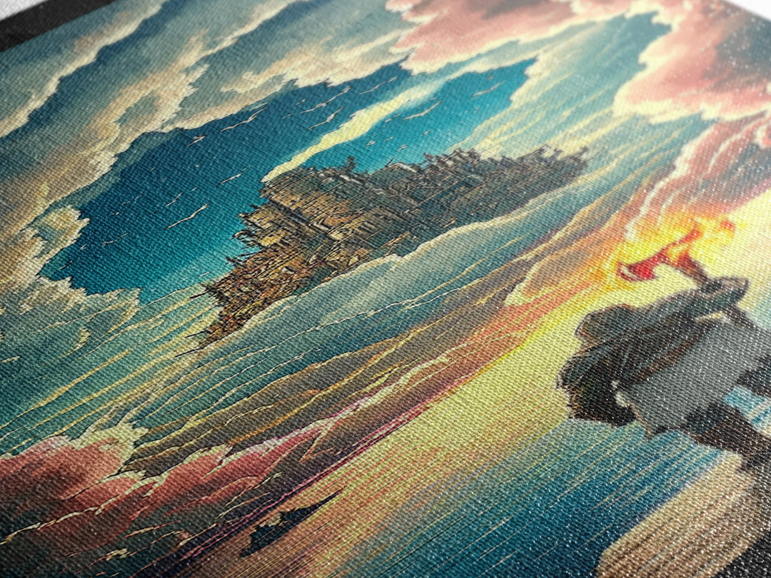 Torch Bearer Floating Castle Canvas Print, Fantasy Sky Portal Wall Art, Medieval Adventure Decor, Magical Lake Artwork Gift
