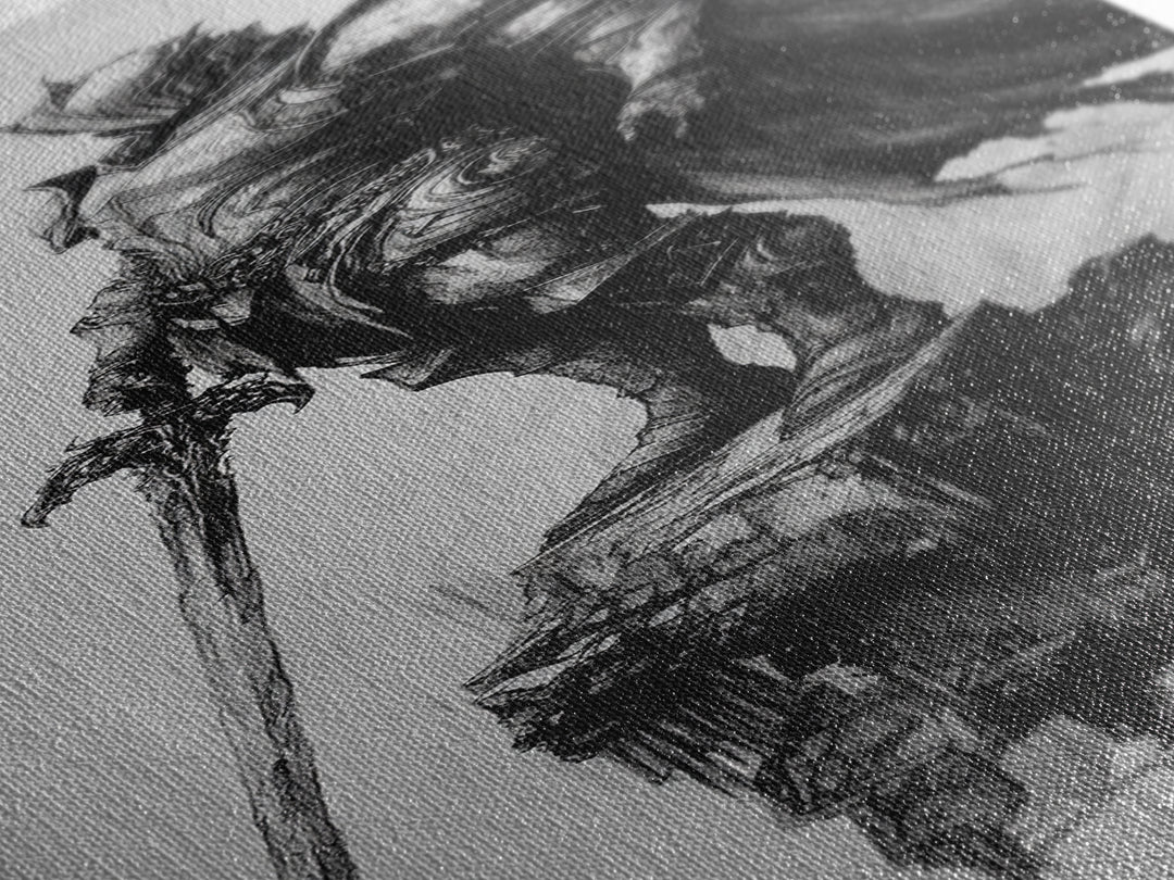 Skeletal Knight On Crumbling Cliff With Long Sword, Black And White Wall Art, Gothic Fantasy Canvas Print, Dark Medieval Decor