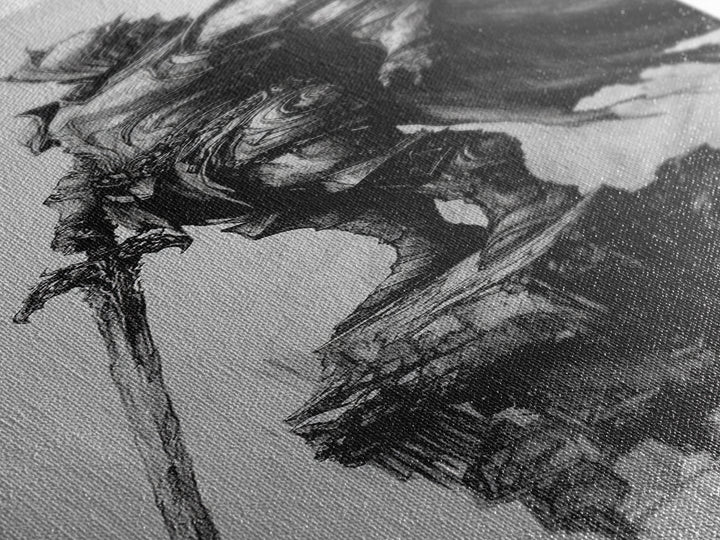 Skeletal Knight On Crumbling Cliff With Long Sword, Black And White Wall Art, Gothic Fantasy Canvas Print, Dark Medieval Decor