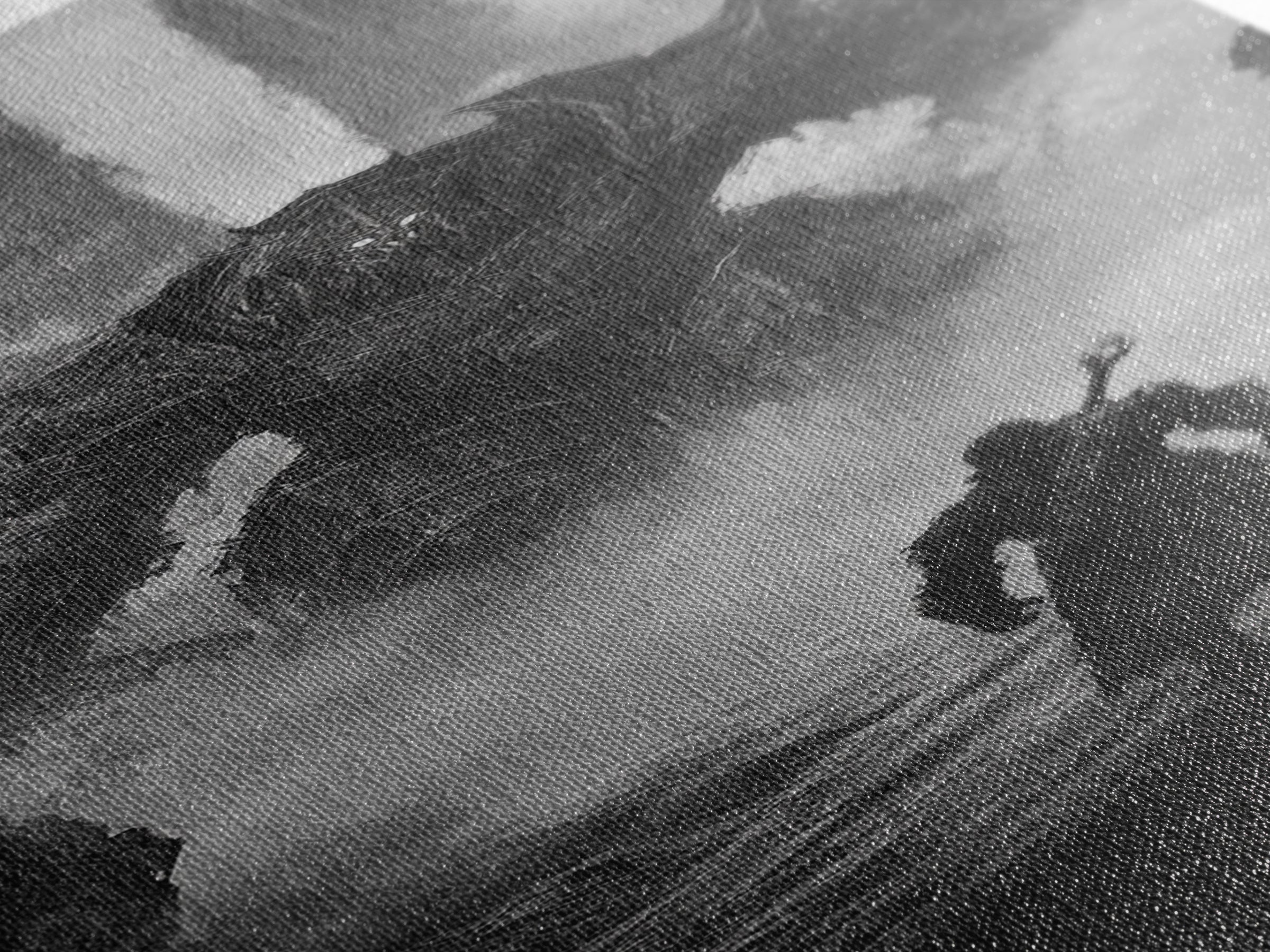 Warrior Facing Misty Armored Colossus, Dark Fantasy Wall Art, Black And White Framed Canvas Print, Epic Game Room Decor Gift
