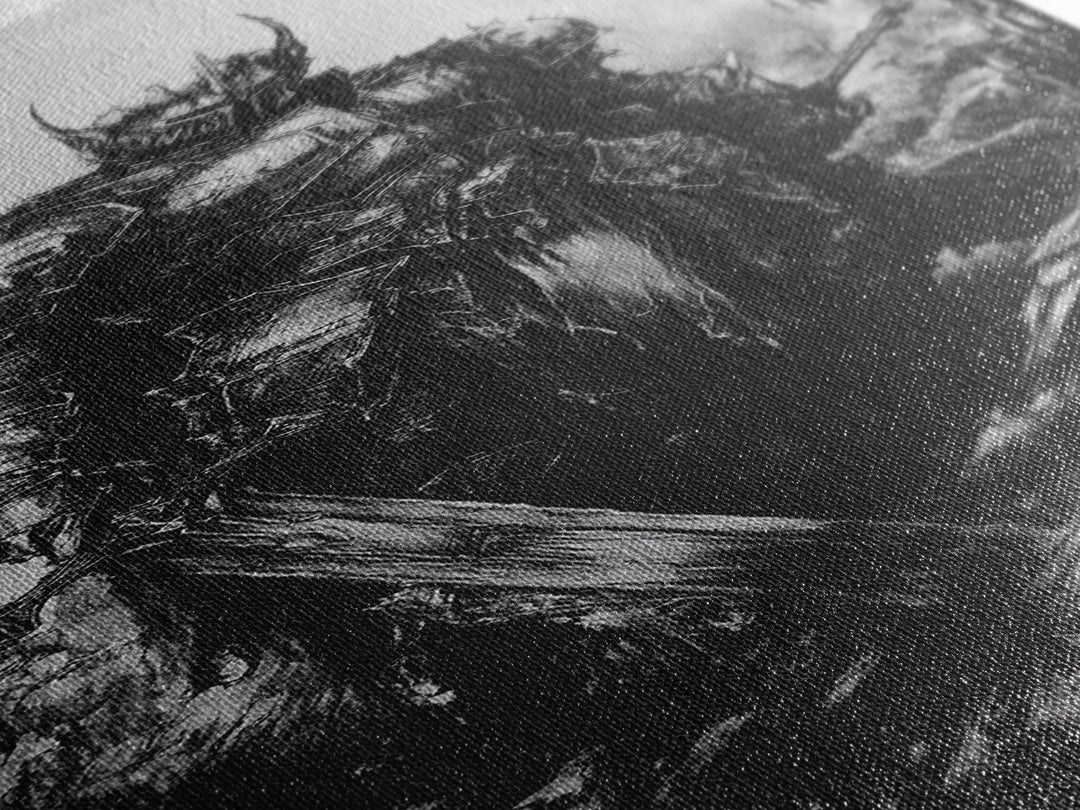 Crowned Dark Knight With Massive Sword In Ruins, Gothic Fantasy Canvas Print, Black And White Wall Art, Dark Academia Decor