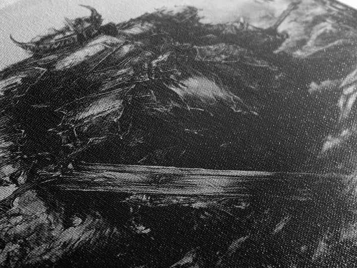 Crowned Dark Knight With Massive Sword In Ruins, Gothic Fantasy Canvas Print, Black And White Wall Art, Dark Academia Decor