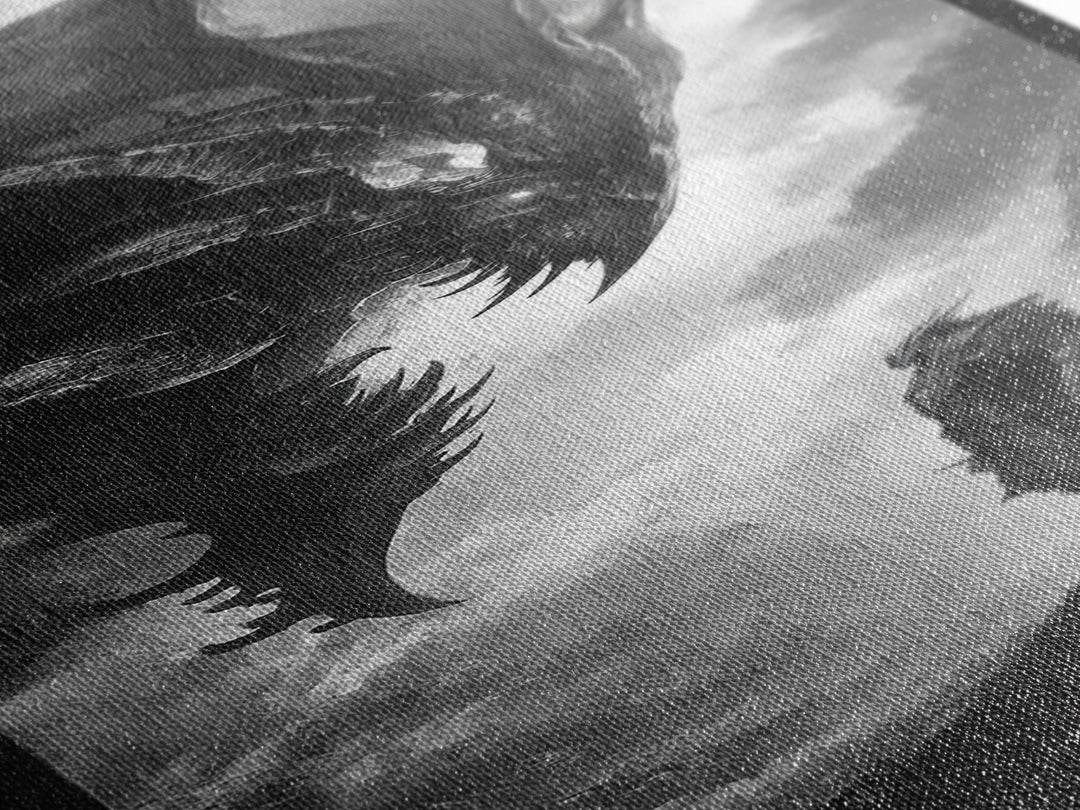 Monochrome Dragon And Lone Knight Wall Art, Dark Fantasy Art Print, Gothic Wall Decor, Black And White Art, Gamer Room Decor