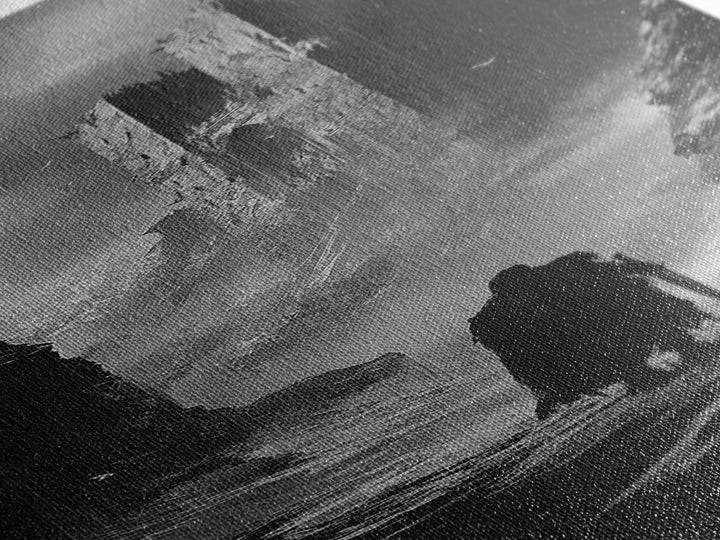 Misty Black Castle Valley With Lone Traveler Wall Art, Dark Academia Decor, Gothic Landscape, Black And White Fantasy Print
