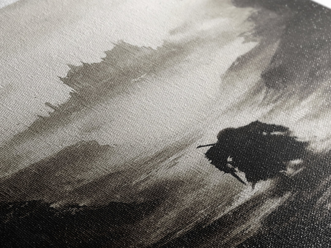Cloaked Wanderer Approaching Misty Castle Wall Art, Dark Fantasy Print, Gothic Wall Decor, Black And White Landscape Art
