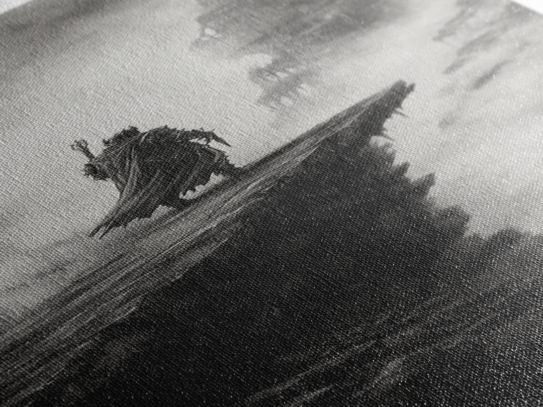 Cloaked Knight On Misty Cliff, Haunted Gothic Castle Framed Canvas Print, Black And White Wall Art, Dark Academia Room Decor