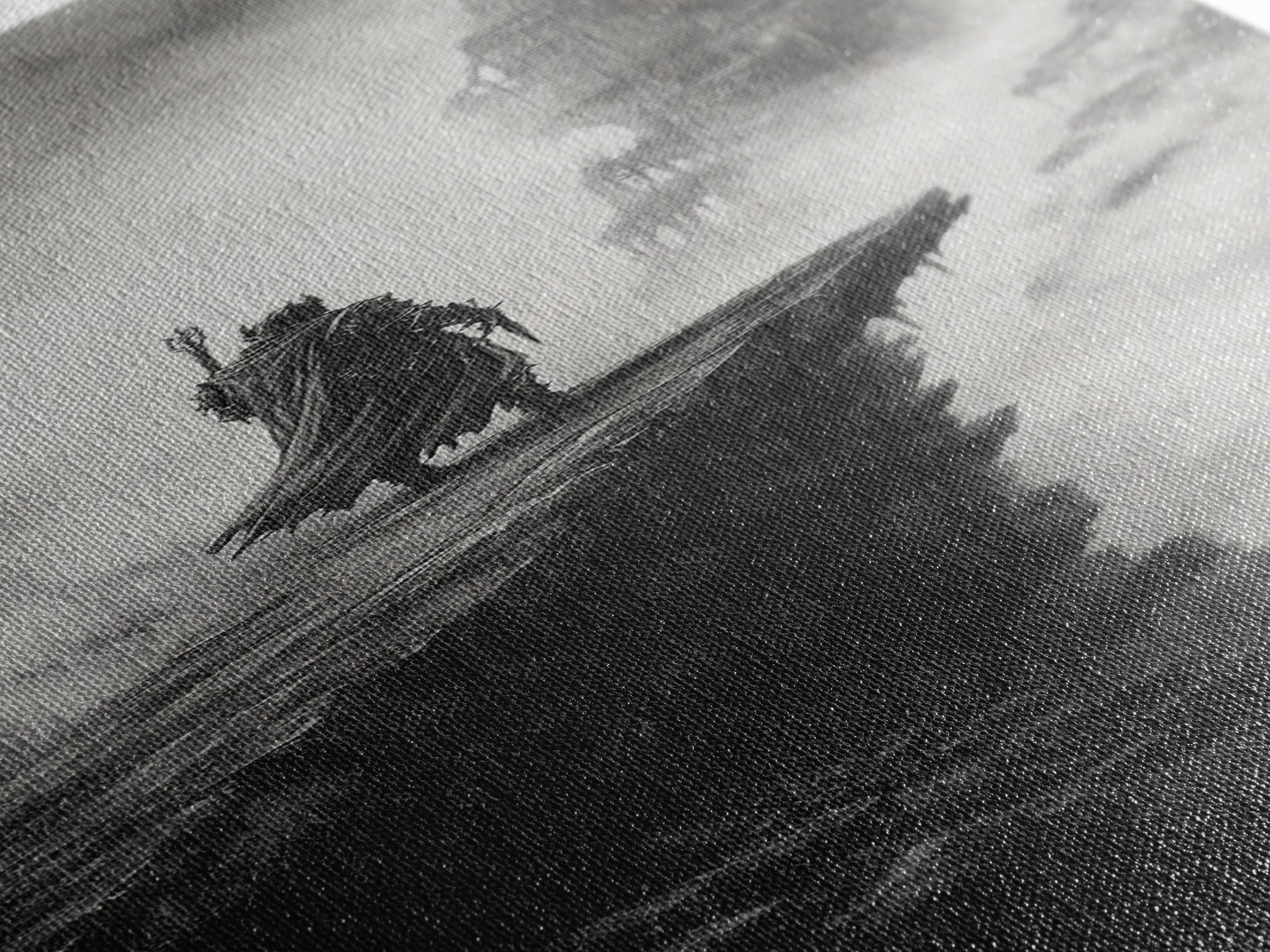 Cloaked Knight On Misty Cliff, Haunted Gothic Castle Framed Canvas Print, Black And White Wall Art, Dark Academia Room Decor