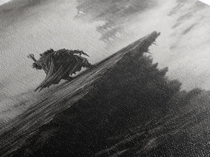 Cloaked Knight On Misty Cliff, Haunted Gothic Castle Framed Canvas Print, Black And White Wall Art, Dark Academia Room Decor