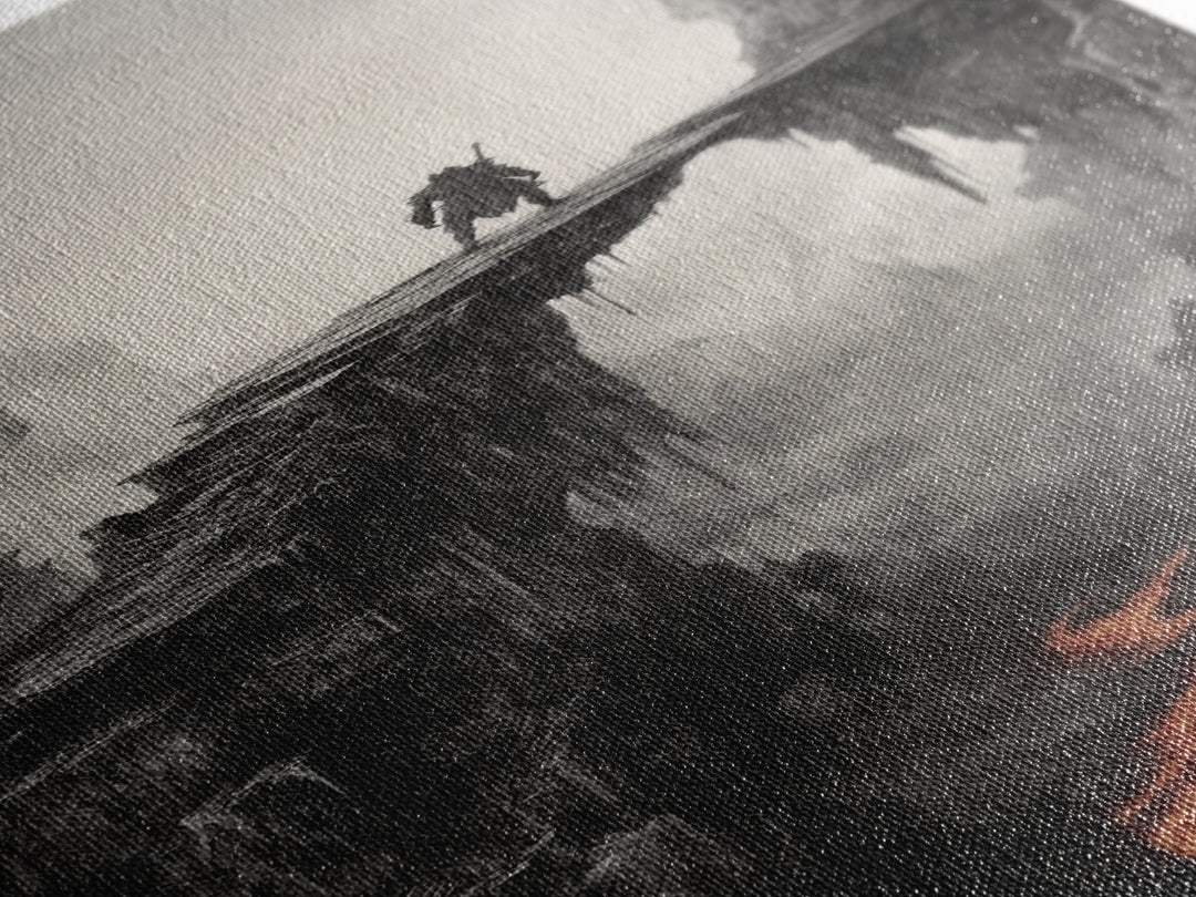 Warrior Above Lava Chasm In Dark Canyon, Black And White Wall Art, Gothic Fantasy Canvas Print, Moody Landscape Home Decor