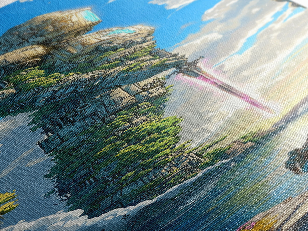 Moss Covered Giant Robot With Pink Sword, Fantasy Wall Art, Japandi Landscape Print, Nature Inspired Living Room Decor Gift