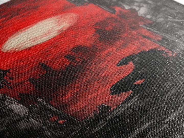 Solitary Figure Under Blood Moon Wall Art, Red Gothic Fantasy Canvas Print, Dark Academia Poster For Bedroom Decor Gift